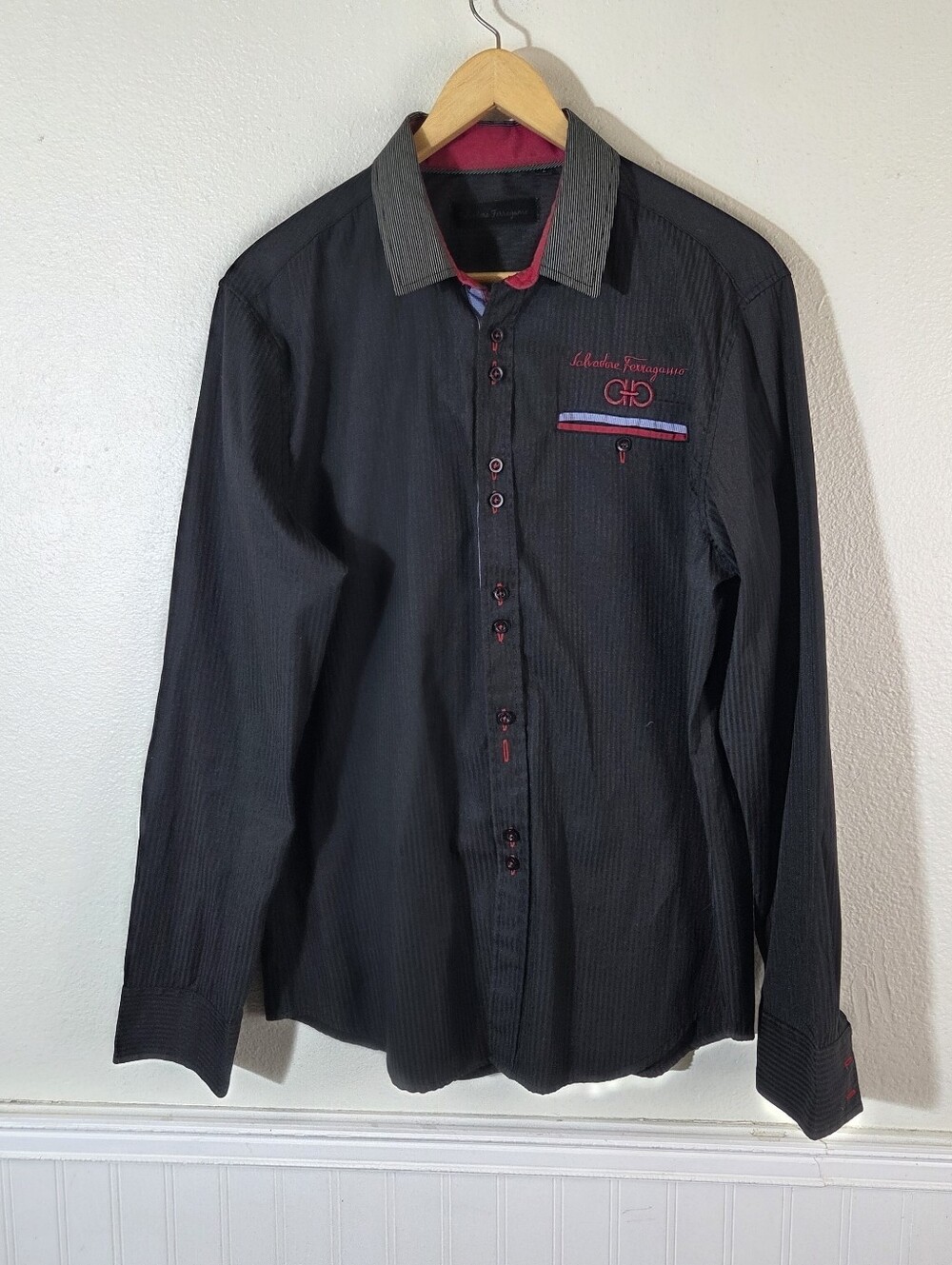 Salvatore Ferragamo Mens Black Button Front Shirt Embroidered Logo Long Sleeve